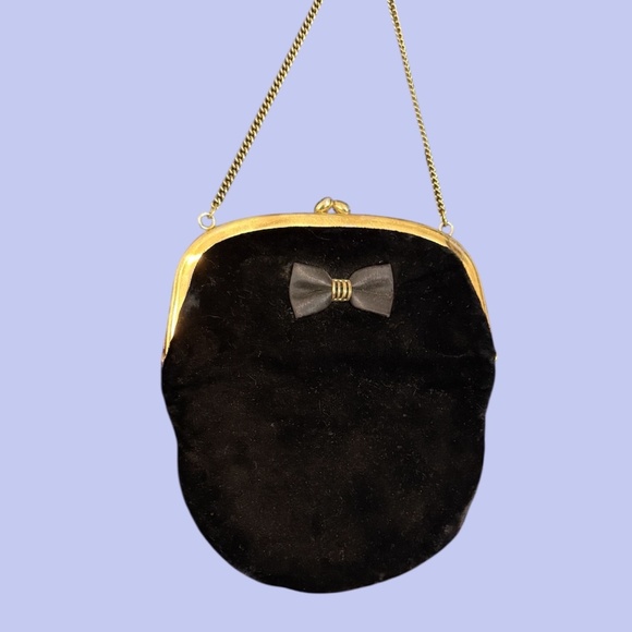 Vintage 50s Black Velvet Evening Clutch Pouch Bag Satin Bow Gold Chain Handle - Picture 3 of 5